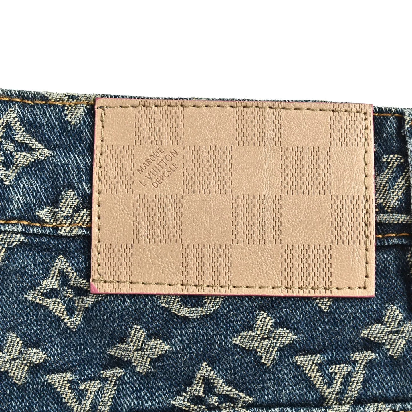 Louis Vuitton/Louis Vuitton all-over printed side leather strip washed blue jeans